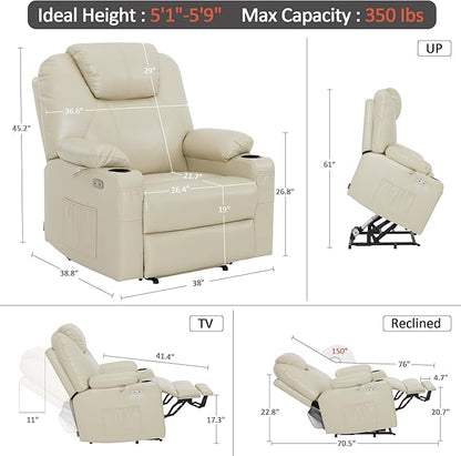 MCombo Extra Wide Power Lift Recliner Chair for Elderly, Lift Chair with Heat and Massage for Big People, USB&Type C Ports, Cup Holders, Faux Leather R7045 (Cream White, Medium-Wide)