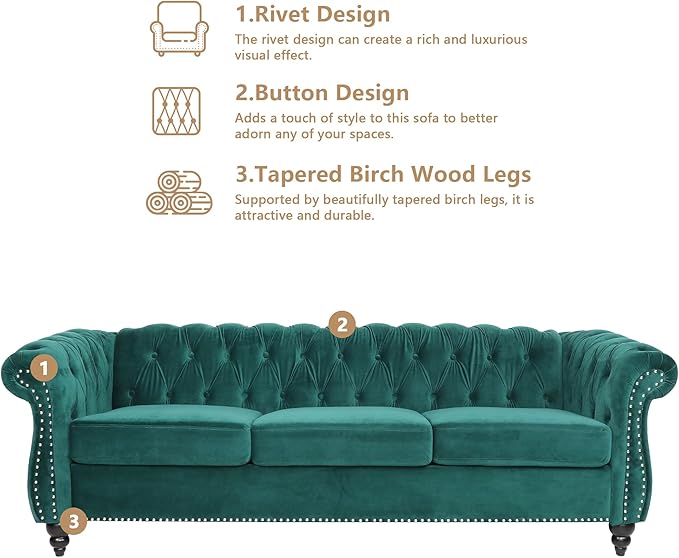 Living Room Velvet Sofa and Loveseat set, Mid Century Modern Upholstered Couch with Cushions, 2-Piece Home Sofa Furniture Sets, Comfy Tufted Chesterfield Couches for Living Room, Bedroom, Office