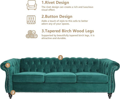 2 Piece Living Room Sofa Set, 3 Seater Velvet Sofa Couch and Chair Set, Mid Century Modern Upholstered Couch with Cushions, Comfy Tufted Chesterfield Couches for Living Room, Bedroom, Office