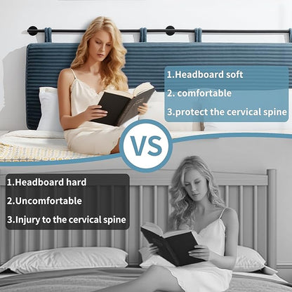 UEV Queen Headboard Only, Wall Mounted Hanging Upholstered Bed Head Board, Modern Vertical Channel Design of Fine Flannel, Elegant Blue Fluted Headboard for Bedroom (Lake Blue, Queen Size)