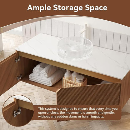 48 Inch Bathroom Vanity with Sink, Floating Fluted Vanity with Vessel Sink, Modern Wall Mounted Bathroom Vanity Cabinet with 2 Doors, Glass Vessel Sink & Sintered Stone Top, Oak