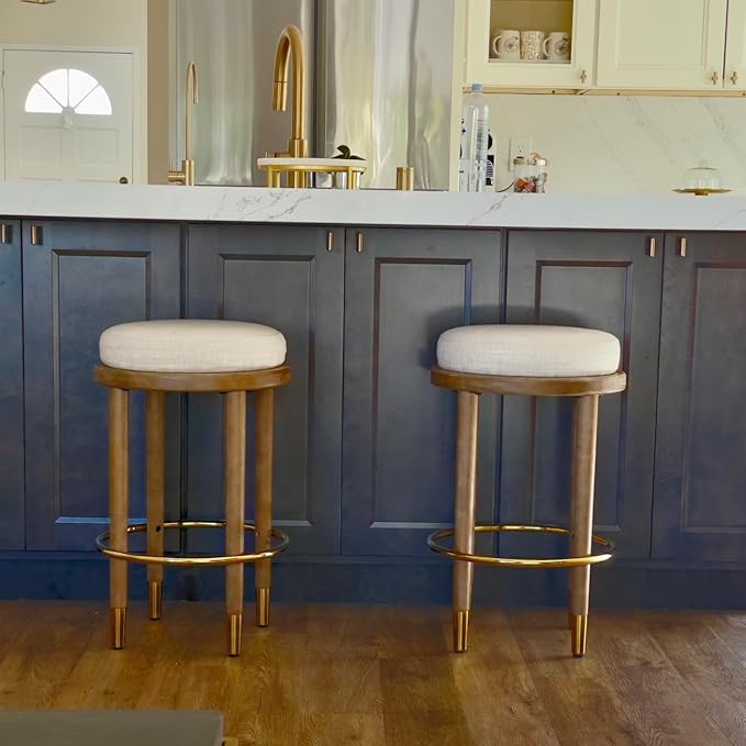 26’’ Rustic Backless Bar Stools with Metal Gold Footrest Counter Height Barstools Set of 2 Modern Round Farmhouse Beige Linen Upholstered Wooden Stools with Natural Solid Wood Legs for Kitchen Island