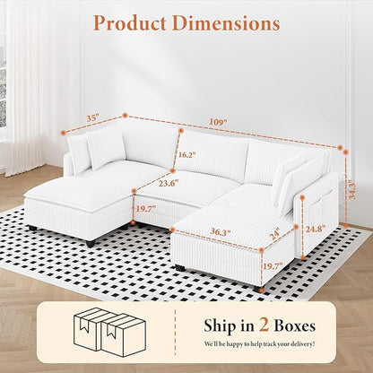 Vesgantti 109" U Shaped Cloud Sectional Sofa, Comfy Corduroy Upholstered Sectional Modular Sofas for Living Room, Modern Modular Couch with 2 Ottoman Deep Seat, Warm White