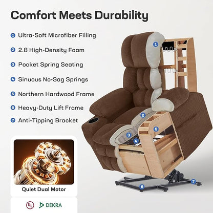 Tami Tami Dual Motor Power Lift Chair Recliner for Elderly with Massage and Heat, Infinite Position Electric Lift Recliner with Adjustable Headrest, USB (T6015 - Plush Fabric, Brown, Oversized)