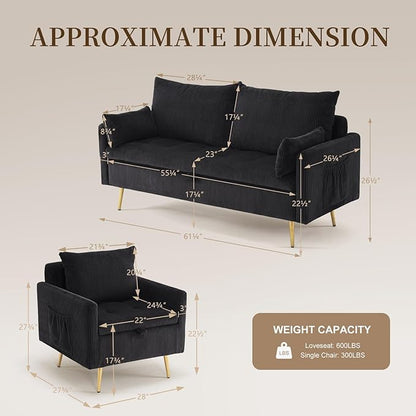 Furnimart 3-Seater Storage Sofa and Couch, Corduroy Loveseat with Accent Single Chair, Small Living Room Furniture Set for Apartment, Tiny Homes and Lofts, 2PC-Black