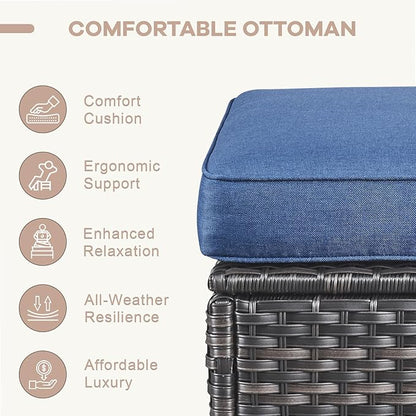 Swivel Patio Chairs sofa Set of 6 with 6" Thick Cushion - Wicker Outdoor Swivel Rocker Patio Chair ,Sofa/Glass coffee table, High Back Comfortable Outdoor Glider Chairs - Gery Wicker Blue Cushions