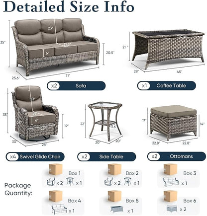 Belord Luxury 6" Thick Cushioned 11 Pieces Patio Furniture Set with Outdoor Couch, Wicker Outdoor Conversation Set with High Back Swivel Rocker Chairs for Deck Porch Yard and Poolside - Grey+Grey