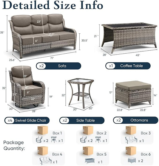 Belord Luxury 6" Thick Cushioned 11 Pieces Patio Furniture Set with Outdoor Couch, Wicker Outdoor Conversation Set with High Back Swivel Rocker Chairs for Deck Porch Yard and Poolside - Grey+Grey
