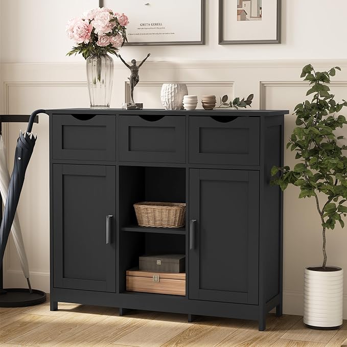 Sideboard Floor Storage Cabinet - Wooden Storage Organizer with 2 Doors and 3 Drawers, Free Standing Accent Buffet Cabinet with Adjustable Shelves for Living Room, Bedroom.Bathroom (Black)