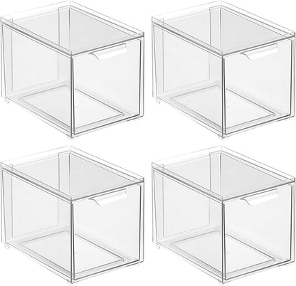 mDesign Shoe Storage Box with Drawer – Sturdy Plastic Storage Box for Shoes – Stackable Drawer Box for Shoes, Accessories and More – Pack of 4 – Clear
