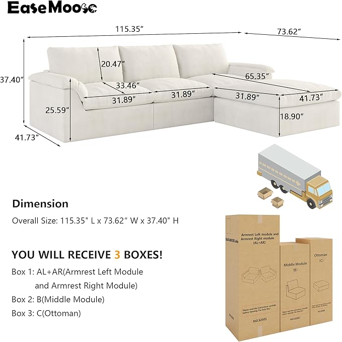 EASE MOOSE Oversized Boneless Cloud Couch for Living Room, Modular Sectional Sofa L-Shape, Cloud Sofa Set with Fluffy Foam, 4-Seat Deep Comfy Sofa with Ottoman for Bedroom Apartment, Chenille (White)