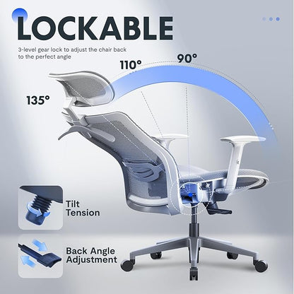 FLEXISPOT OC3 Air Ergonomic Office Chair High Back Computer Chair with Adjustable Lumbar Support/Armrest/, Breathable Mesh Seat Cushion Backrest, Chairs for Home Office Gaming Working, Light Gray