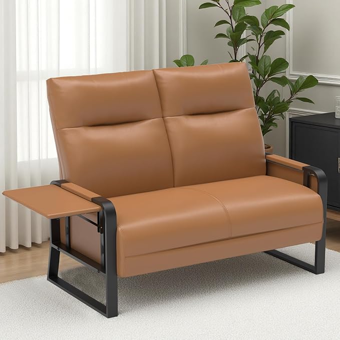 Faux Leather Loveseat, Upholstered Loveseat with Side Tray Table & Storage Pocket, Small Loveseat for Living Room, Modern 2 Seater Sofa Couch for Small Spaces, Bedroom, Brown