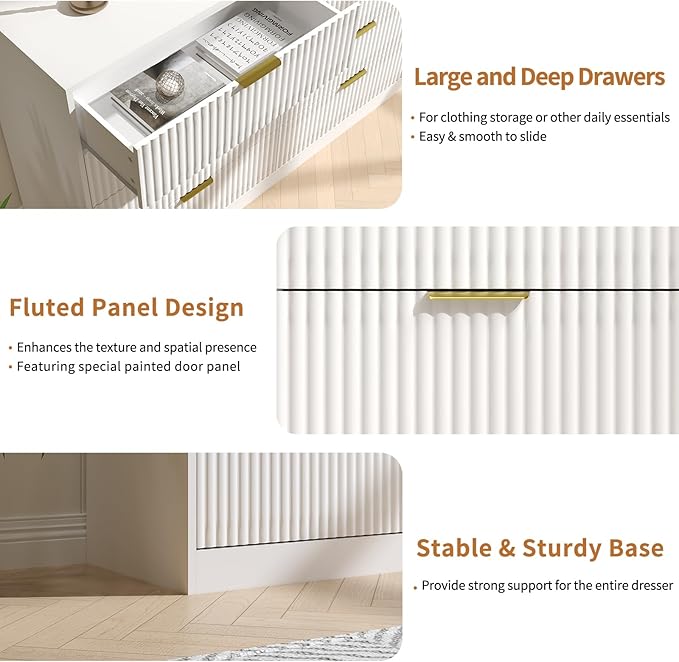 White Fluted Dresser Bedroom with 8 Drawer,55” Wide White Double Drawer Dresser Modern Chest of Drawers with Gold Handles,Wood TV Stand for Bedroom,Living Room