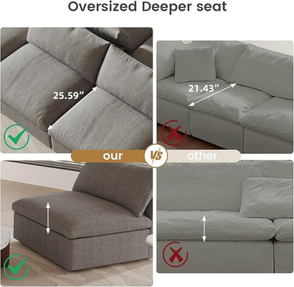 Cloud Couch Modular Sectional Sofa,160.6" Down Filled 5 Seater Convertible Sectional Sofas,V Shaped Couch for Living Room,Covers Washable&Replaceable-Gray