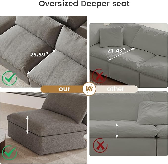WJShome 118.02" Cloud Couch,Modular Sectional Sofa with 2 Storage Ottomans, U Shaped Down Filled Convertible Couch for Living Room Sets,Sofa Cover Washable & Replaceable(White)