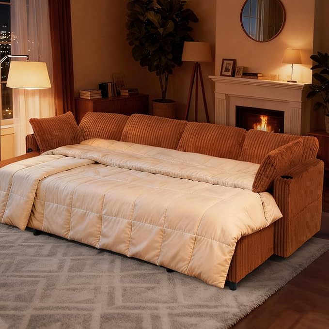 110" Corduroy Pull Out Sofa Bed w/Adjustable Backrests, Sectional U-Shape Sleeper Sofa w/Storage Chaise, Convertible Couch Bed w/USB Charging Port & Cup Holders for Living Room, House, Orange