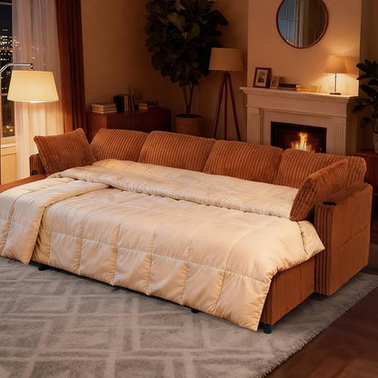 110" Corduroy Pull Out Sofa Bed w/Adjustable Backrests, Sectional U-Shape Sleeper Sofa w/Storage Chaise, Convertible Couch Bed w/USB Charging Port & Cup Holders for Living Room, House, Orange