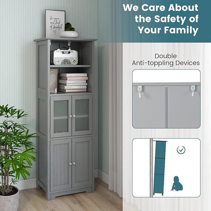 LOKO Tall Bathroom Cabinet, Modern Storage Organizer with Doors & Open Shelves, Wooden Floor Cabinet with Adjustable Shelves for Bathroom, Living Room or Kitchen (Grey)
