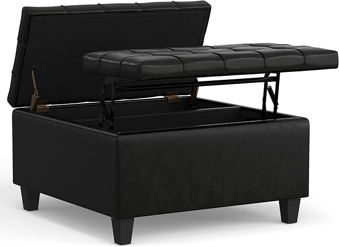 SIMPLIHOME Harrison 30 inch Wide Transitional Square Small Coffee Table Storage Ottoman in Midnight Black Vegan Faux Leather, Assembled, for The Living Room and Bedroom
