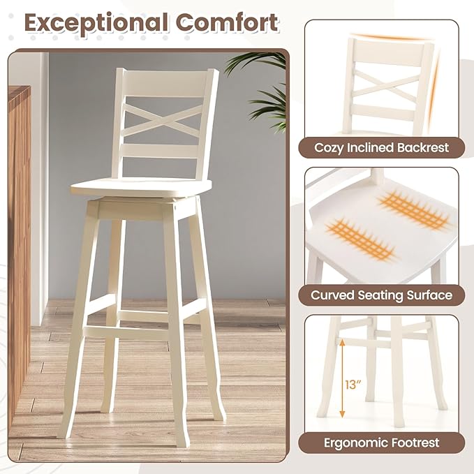 COSTWAY 30-Inch Bar Height Stool Set of 4, Rubber Wood Swivel Bar Stool with Inclined Backrest, Curved Seat & Footrest, Bar Chair for Kitchen Island & Pub (4, Cream)