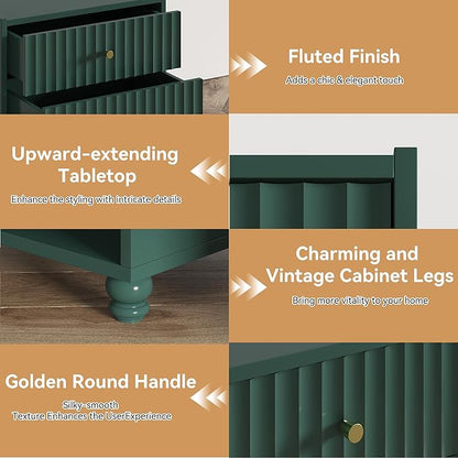 Modern Nightstand Set of 2, Fluted End Table with Open Shelf, Night Stand with 2 Drawers for Bedroom (Green)