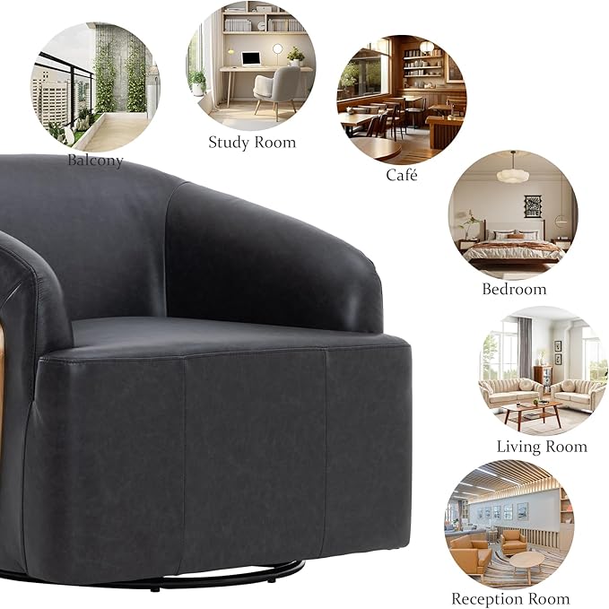 Genuine Leather Swivel Accent Chair Swivel Barrel Chair Comfortable Mid Century Modern Chair Upholstered Metal Base Armchair for Living Room Bedroom Office Large Vintage Black