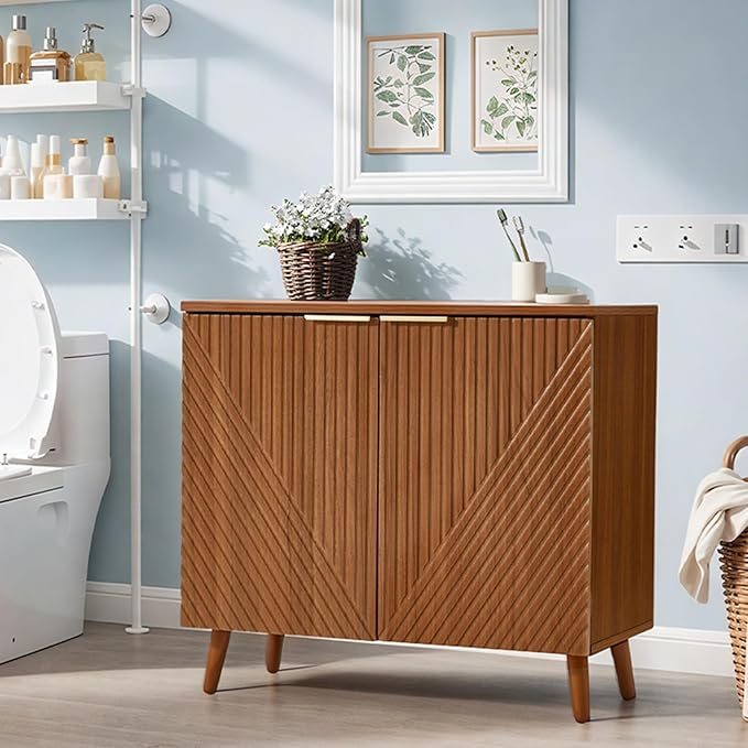 Fluted Storage Cabinet with Doors Set of 2, Wooden Sideboard Buffet Cabinet with Adjustable Shelves, Modern Accent Table for Living Room, Entryway, Brown