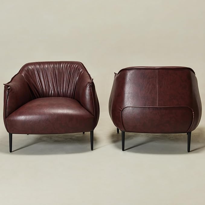 KINWELL 33" W Faux Leather Barrel Chairs Set of 2 with Hand-Tufted Pleated Back Flared Arms, Modern PU Upholstered Accent Chairs with Metal Legs, Large Armchairs Lounge Chairs for Living Room, Red