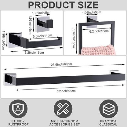 Gisafai 15 Pcs Bathroom Hardware Accessories Set 23.6 Inch Bath Towel Bar Kit Stainless Steel Bathroom Hardware Set Towel Racks Ring Hooks Paper Holder for Wall Mounted (Black Silver)