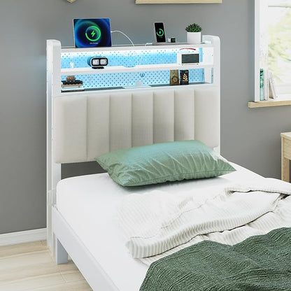 VINGLI Twin or Twin XL Size Headboard, Adjustable Upholstered Headboard with 3 Tier Shelves and Pegboard with Charging Stations and LED Lights, Modern Bed Headboard with Storage for Bedroom Decor