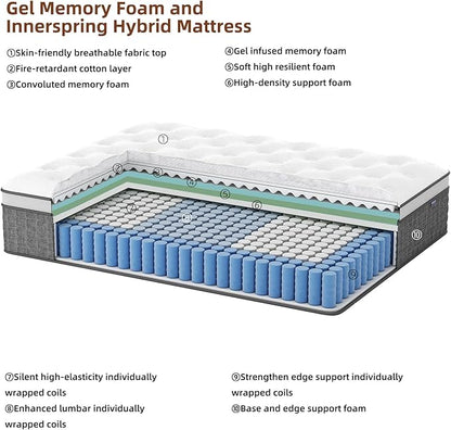 Mattress King Size, Medium Firm 10 Inch Mattresses with Extra Lumbar & Shoulder Support, Hybrid Mattress King with Gel Memory Foam Pain Relief - Fiberglass Free - No Odor - 365 Night Trial