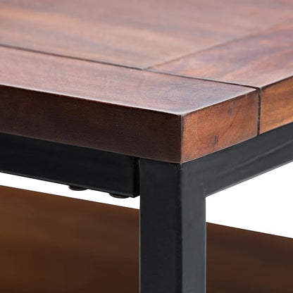 SIMPLIHOME Skyler Square Coffee Table - 34 inch Wide Solid Mango Wood and Metal Living Room Table in Dark Cognac Brown, Industrial Center Table for Family Room with Open Shelf and Black Frame