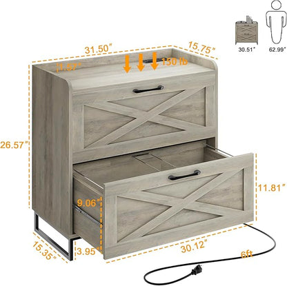 File Cabinet 2 Drawers, Lateral File Cabinet with Charging Station for Letter/Legal/A4 Size Hanging Files, Large Wood File Storage Cabinets Printer Stand for Home Office, Washed Gray