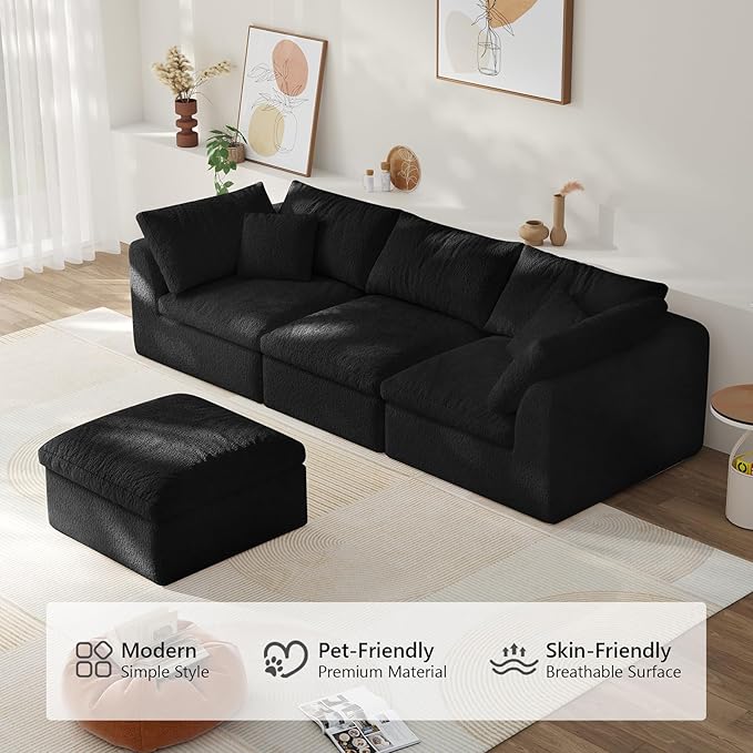 108" Boneless Cloud Couch Modular Sectional Sofa with Deep Seat for Living Room, L Shape Couch with Ottoman, Snowflake Cloth and 40D Memory Sponge，2 Throw Pillows (Black, 3 Seater+1 Ottoman)