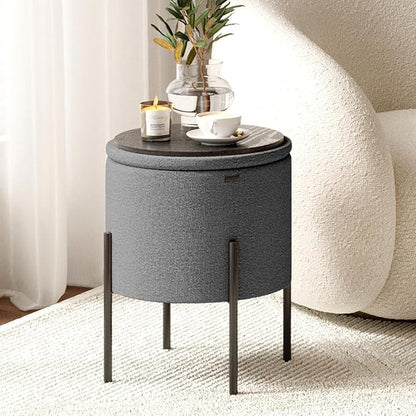 STORAGEBUD Round Ottoman with Storage, Boucle Storage Foot Stool, Makeup Vanity Stool, Small Ottoman Foot Rest, Modern Ottomans for Living Room and Bedroom, Grey