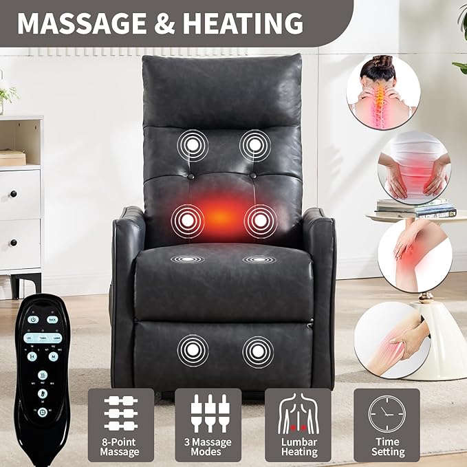 PELUMY Manual Lift Recliner Chair with Massage and Heat for Elderly, Single Motor Electric Lift Chair, Heavy Duty Recliner with USB Charging & Side Pockets (Breathable Leather, Grey)