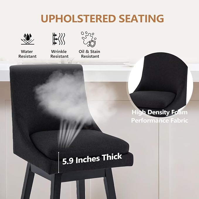 Bar Stools Set of 4, 26 Inch Upholstered Barstools with 14.2" High Back and Footrest, Swivel Counter Height Barstools for Kitchen Island Home Bar Performance Fabric Black