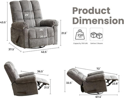 Oversized Swivel Rocker Recliner with Massage and Heat, 26" Extra Wide Manual Recliner for Adults & Big Man, Overstuffed Rocking Chair with High Back for Living Room, Grey Chenille