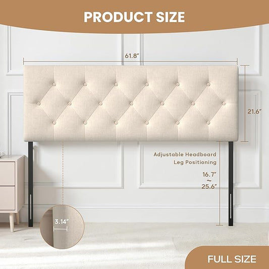Tufted Upholstered Headboard Queen Size, Solid Wood Head Board with Durable Metal Legs, Linen Fabric Padded Headboard, Adjustable Height from 37” to 51”, Modern Button Design Head Board, Beige
