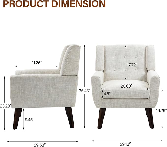 Accent Chairs Set of 2, Modern Fabric Armchairs for Living Room, Comfy Upholstered Arm Chairs Tufted for Indoor Bedroom Office Room (Beige)