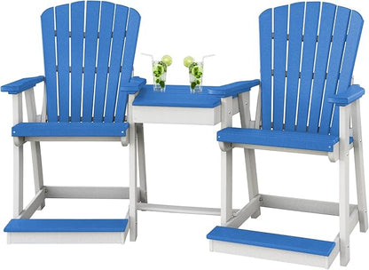 DutchCrafters Plastic Poly Outdoor Bistro Set with 2 Chairs and Attached Center Table, 3 Piece Patio Furniture Set - Amish Made in USA (White & Blue)