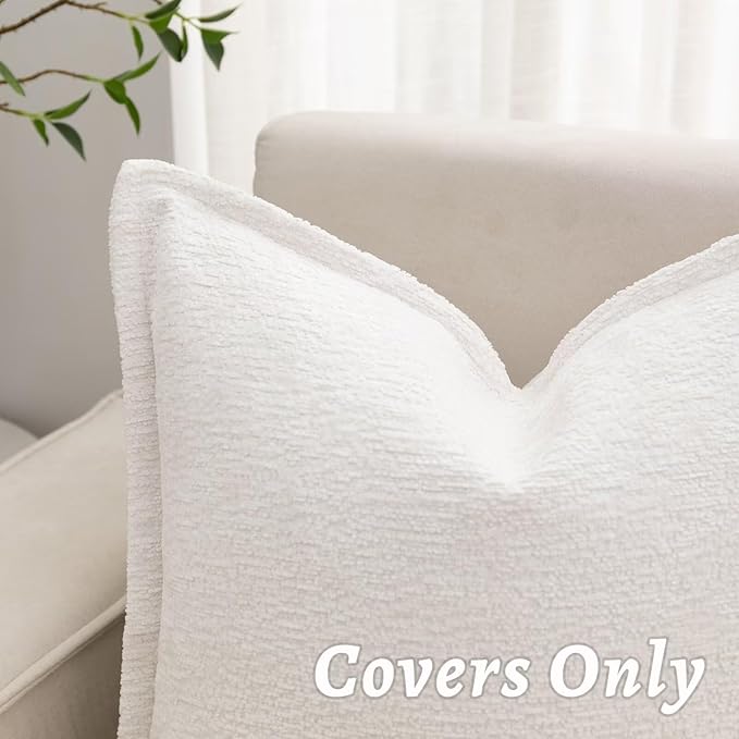 Cream White Decorative Throw Pillow Covers 16x16 Inch Set of 2 Cozy Soild Chenille Cushion Cases Soft Textured Square Couch Pillows Cover Boho Accent Farmhouse Pillowcases for Sofa Bed