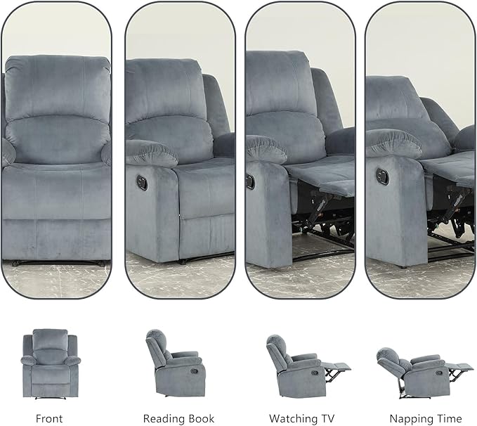 CANMOV Manual Recliner Chair Set of 2, Soft Fabric Overstuffed Recliner Single Sofa Chair for Living Room, Heavy Duty and Safety Reclining Mechanism (Blue Grey)