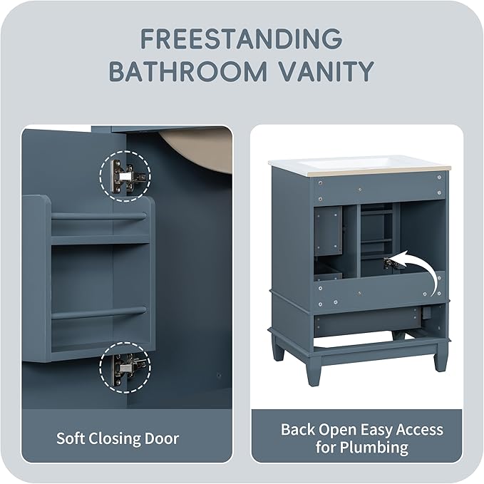 24 Inch Bathroom Vanity with Sink, Freestanding Bathroom Sink Cabinet with 3 Drawers and Storage Door Rack Organizer, Solid Wood Legs, Blue Gray