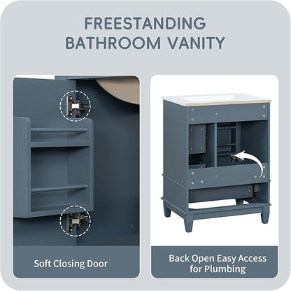 24 Inch Bathroom Vanity with Sink, Freestanding Bathroom Sink Cabinet with 3 Drawers and Storage Door Rack Organizer, Solid Wood Legs, Blue Gray