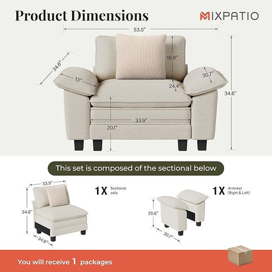 53.5" Modular Sectional Single Sofa, Soft Plush Chenille Armchair with Comfortable Deep Seat & Removable Arms for Living Room，Beige