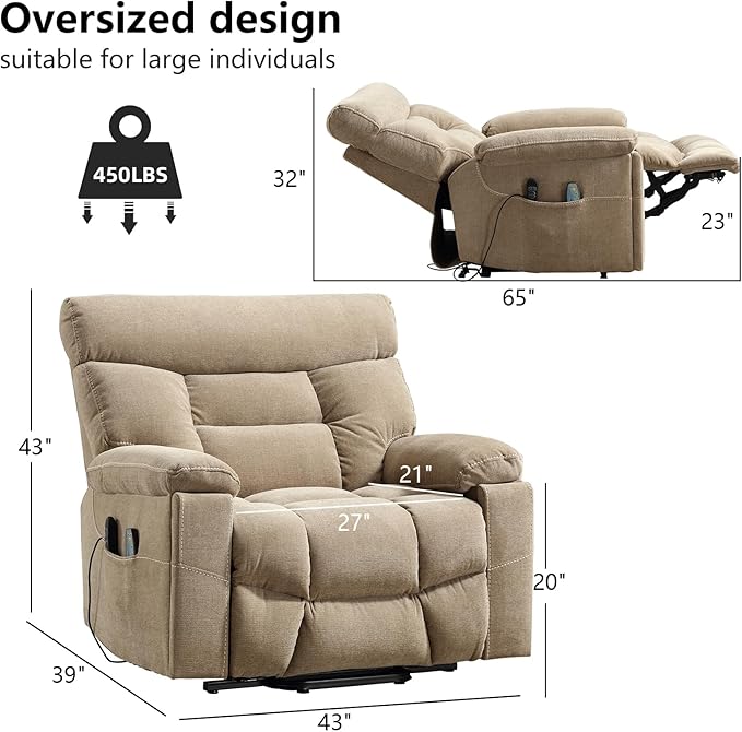 CANMOV Dual Motor Power Lift Recliner Chair for Elderly, 27" Extra-Wide Seat 450 lbs Weight Capacity Infinite Position Adjustment, with Heated Massage, Cup Holders and USB Port, Camel Fabric