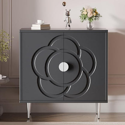 TOLEAD Storage Cabinet, Modern Sideboard Buffet Cabinet with Decorative Flower Pattern Doors, Accent Sideboard Cabinet for Living Room, Kitchen, Grey