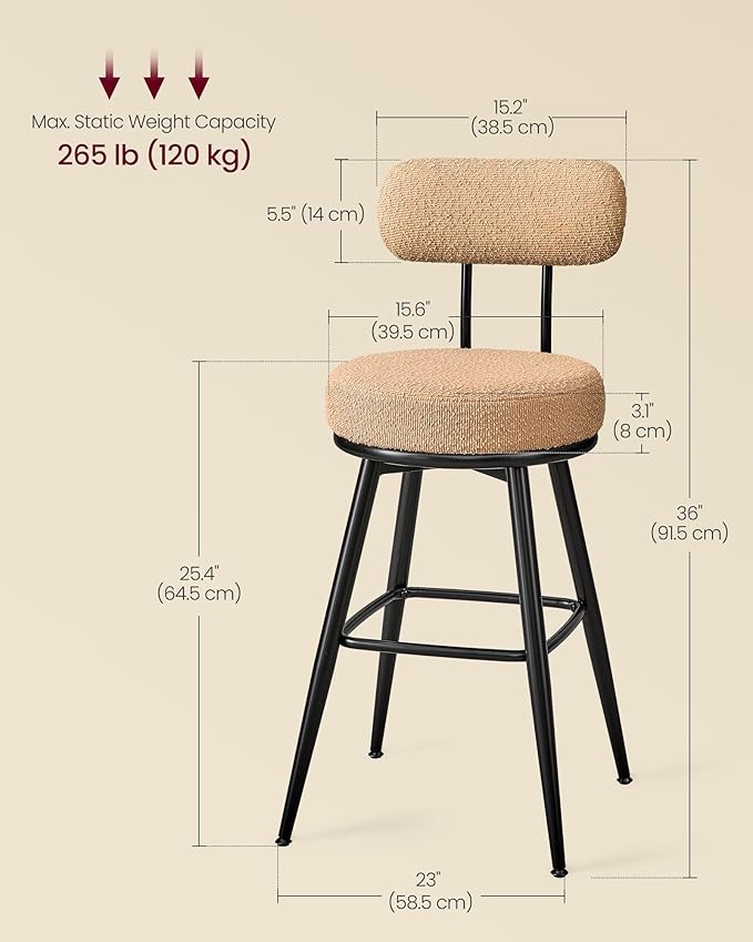VASAGLE 360° Swivel Bar Stools Set of 2, Counter Height Bar Stools with Back, Boucle Fabric, Contemporary Modern, 25.4 Inch Tall, Kitchen and Home Bar, Camel Brown ULBC130K01V1